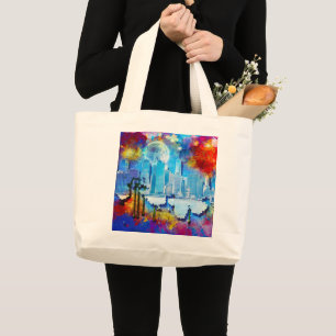 SlipperyJoe NYC graffiti moon surrounded swirling  Large Tote Bag