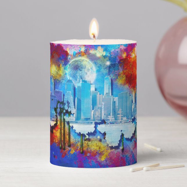 SlipperyJoe NYC graffiti moon surrounded swirling  Pillar Candle (In Situ)