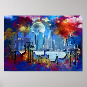 SlipperyJoe NYC graffiti moon surrounded swirling  Poster