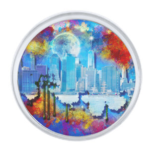 SlipperyJoe NYC graffiti moon surrounded swirling Silver Finish Lapel Pin