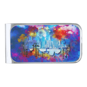SlipperyJoe NYC graffiti moon surrounded swirling Silver Finish Money Clip