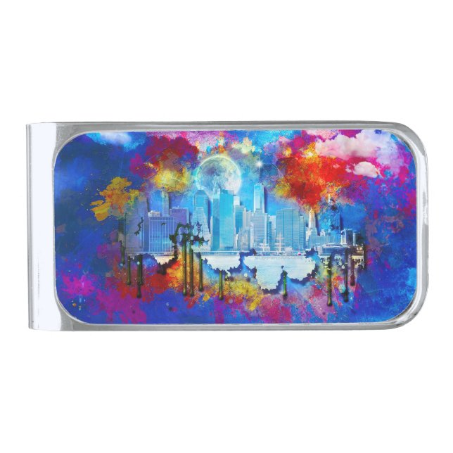 SlipperyJoe NYC graffiti moon surrounded swirling  Silver Finish Money Clip (Front)