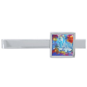 SlipperyJoe NYC graffiti moon surrounded swirling Silver Finish Tie Bar