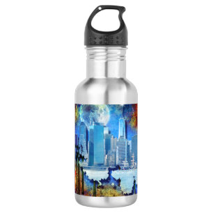 SlipperyJoe NYC graffiti moon surrounded swirling  Stainless Steel Water Bottle