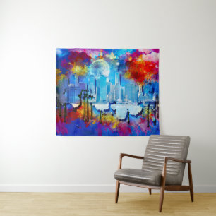 SlipperyJoe NYC graffiti moon surrounded swirling  Tapestry