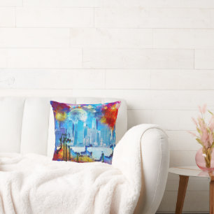 SlipperyJoe NYC graffiti moon surrounded swirling Throw Pillow