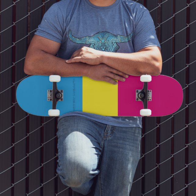 SlipperyJoe pansexual pride flag pink amber and cy Skateboard (Outdoor 3)