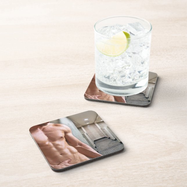 SlipperyJoe shirtless muscular man sixpack abs fit Beverage Coaster (Right Side)