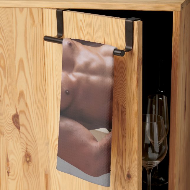 SlipperyJoe shirtless muscular man sixpack abs fit Kitchen Towel (Thirds Fold)