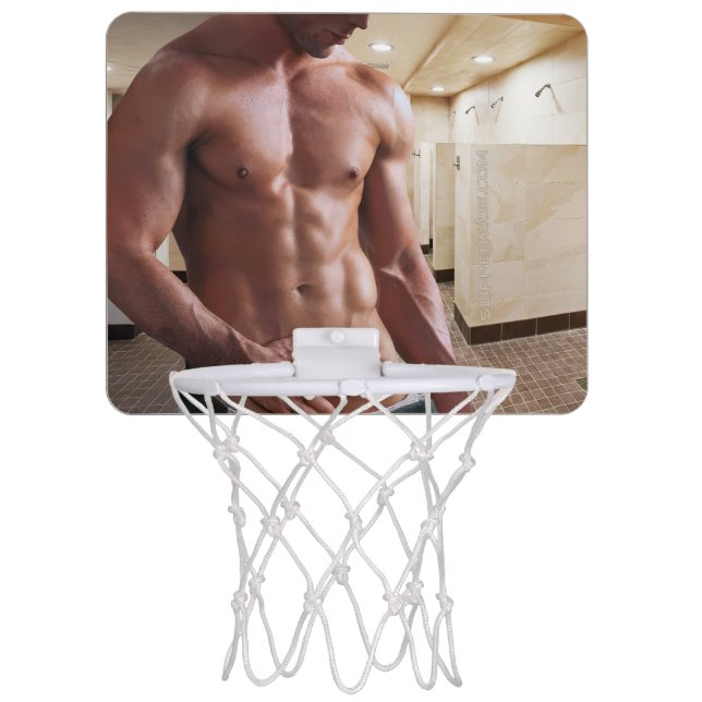 SlipperyJoe shirtless muscular man sixpack abs fit Mini Basketball Hoop (Front)
