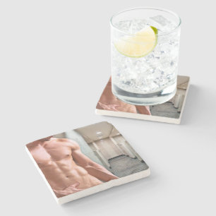 SlipperyJoe shirtless muscular man sixpack abs fit Stone Coaster