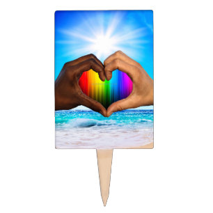 SlipperyJoe vivid rainbow gradient heart interraci Cake Topper