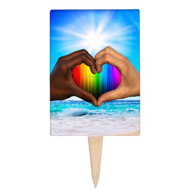 SlipperyJoe vivid rainbow gradient heart interraci Cake Topper (Front)
