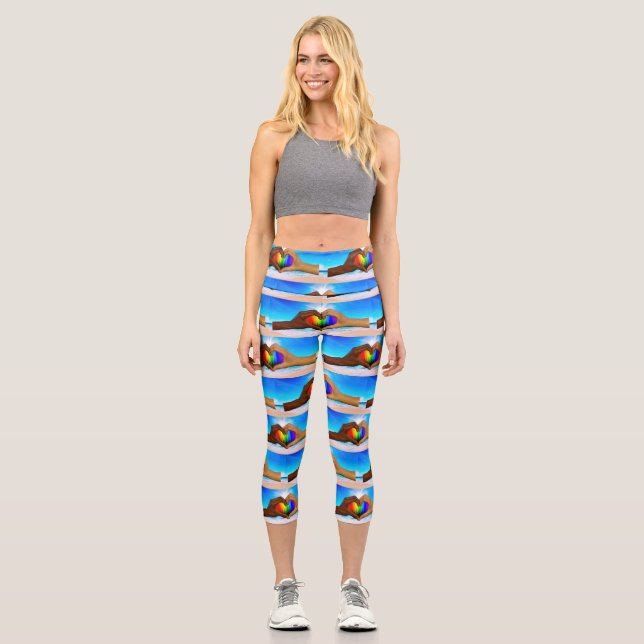 SlipperyJoe vivid rainbow gradient heart interraci Capri Leggings (Front)