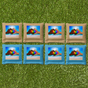 SlipperyJoe vivid rainbow gradient heart interraci Cornhole Bags