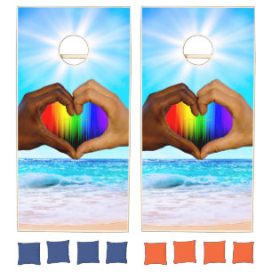 SlipperyJoe vivid rainbow gradient heart interraci Cornhole Set