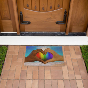 SlipperyJoe vivid rainbow gradient heart interraci Fiber Doormat