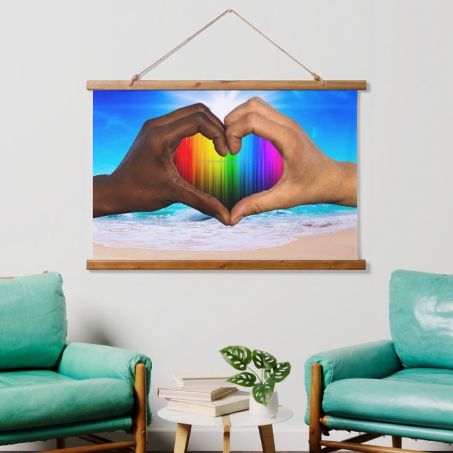 SlipperyJoe vivid rainbow gradient heart interraci Hanging Tapestry (Living Room)