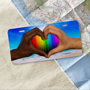 SlipperyJoe vivid rainbow gradient heart interraci License Plate