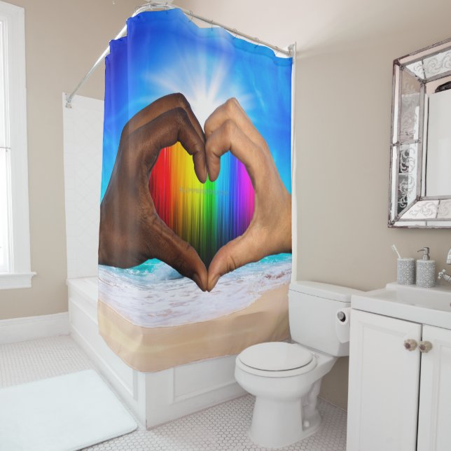 SlipperyJoe vivid rainbow gradient heart interraci Shower Curtain (In Situ)