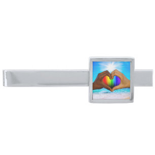 SlipperyJoe vivid rainbow gradient heart interraci Silver Finish Tie Bar