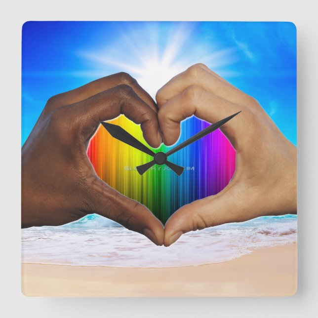 SlipperyJoe vivid rainbow gradient heart interraci Square Wall Clock (Front)