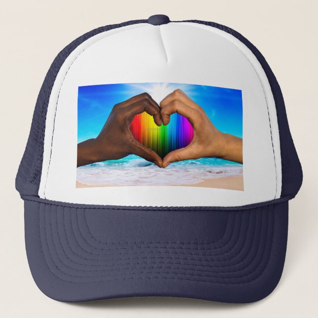 SlipperyJoe vivid rainbow gradient heart interraci Trucker Hat (Front)