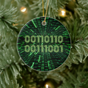 SlipperyJoe's 69 binary code vibrant green compute Ceramic Ornament