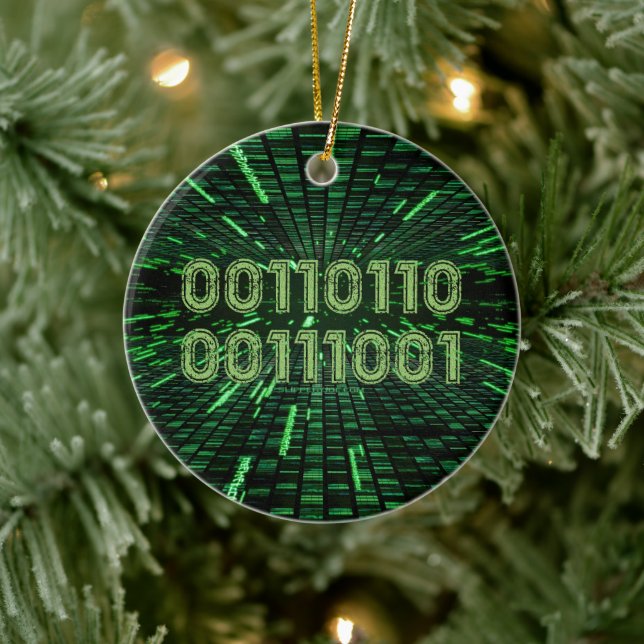 SlipperyJoe's 69 binary code vibrant green compute Ceramic Ornament (Tree)