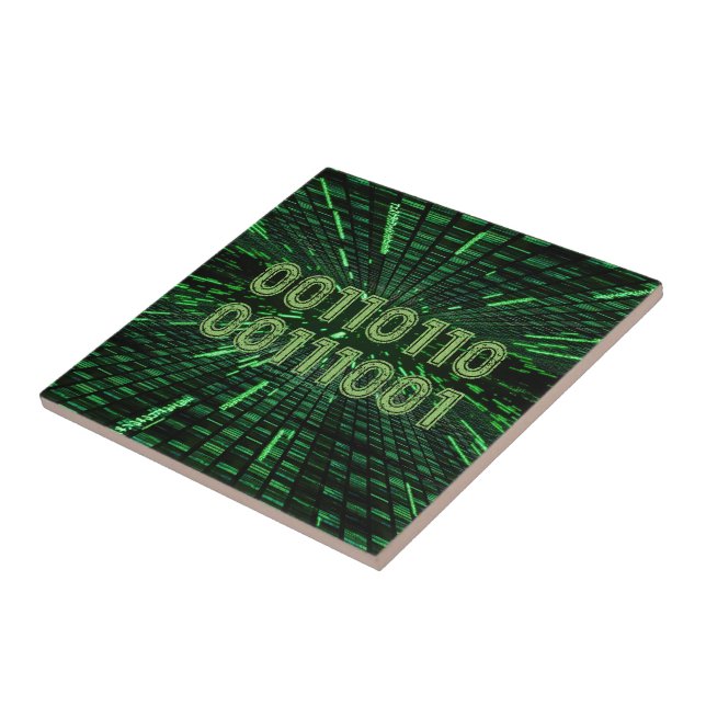 SlipperyJoe's 69 binary code vibrant green compute Ceramic Tile (Side)