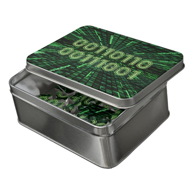 SlipperyJoe's 69 binary code vibrant green compute Jigsaw Puzzle (Lid Open)
