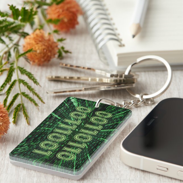 SlipperyJoe's 69 binary code vibrant green compute Keychain (Front Right)
