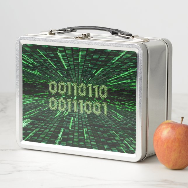 SlipperyJoe's 69 binary code vibrant green compute Metal Lunch Box (In Situ)