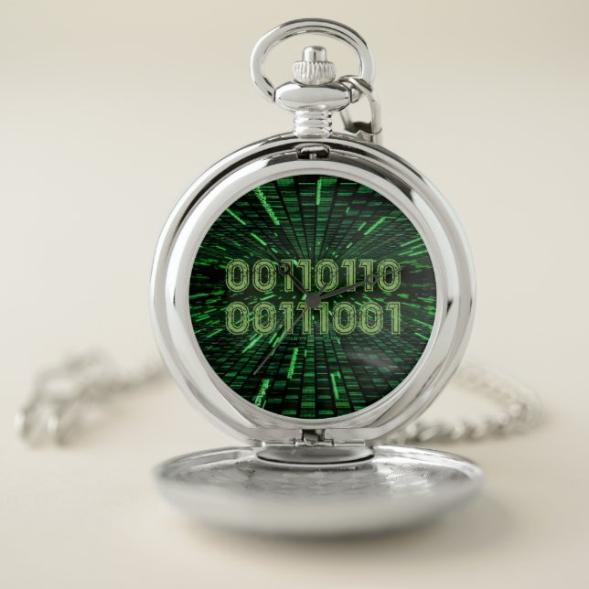 SlipperyJoe's 69 binary code vibrant green compute Pocket Watch (Inside)