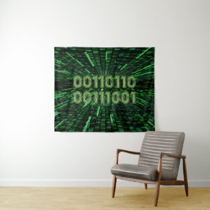 SlipperyJoe's 69 binary code vibrant green compute Tapestry