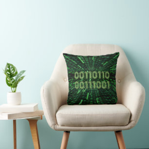 SlipperyJoe's 69 binary code vibrant green compute Throw Pillow
