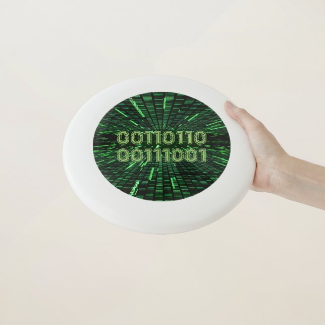 SlipperyJoe's 69 binary code vibrant green compute Wham-O Frisbee (In Hand)