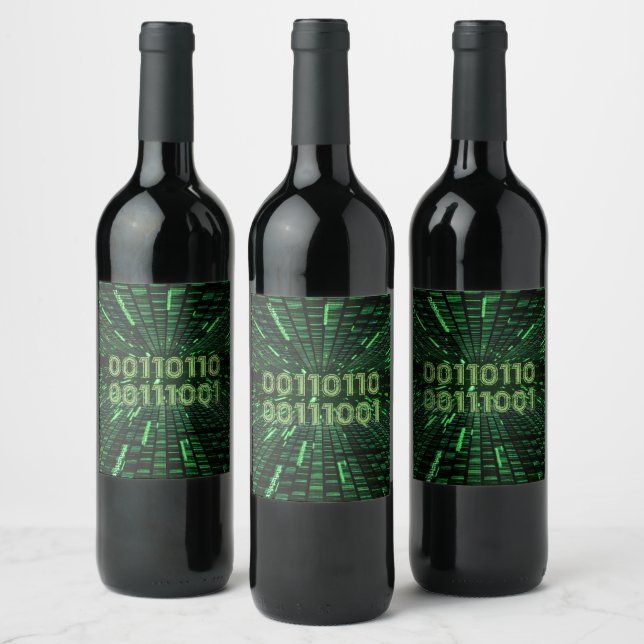 SlipperyJoe's 69 binary code vibrant green compute Wine Label (Bottles)