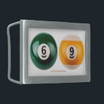 SlipperyJoe's 69 hard pool table two billiard ball Belt Buckle<br><div class="desc">SlipperyJoe's 69 hard pool table two billiard balls funny idea shiny solid green ball striped yellow white striped white circle ball number six number nine LGBTQIA artistic gay pride gifts American-style eight-ball and nine-ball durability resistance impact scratches phenolic resin made</div>