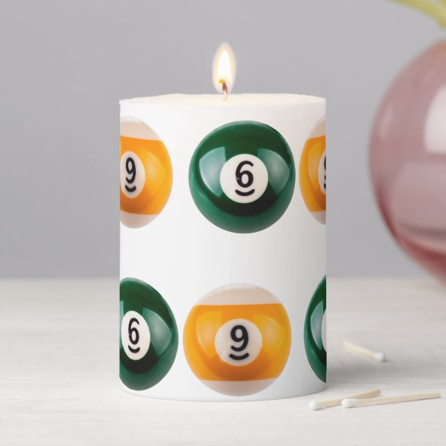 SlipperyJoe's 69 hard pool table two billiard ball Pillar Candle (In Situ)