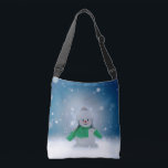 SlipperyJoe's adorable Christmas snowman character Crossbody Bag<br><div class="desc">SlipperyJoe's adorable Christmas snowman character artistic dreamy winter backdrop bright green mittens and scarf small orange carrot nose friendly coal like eyes powdery glitter covered snow layer glowing halo natural focal point cozy gray white winter hat pom pom matching ear flaps LGBTQIA gifts scattered bokeh orbs sparkling starbursts adorable festive...</div>