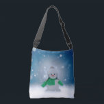 SlipperyJoe's adorable Christmas snowman character Crossbody Bag<br><div class="desc">SlipperyJoe's adorable Christmas snowman character artistic dreamy winter backdrop bright green mittens and scarf small orange carrot nose friendly coal like eyes powdery glitter covered snow layer glowing halo natural focal point cozy gray white winter hat pom pom matching ear flaps LGBTQIA gifts scattered bokeh orbs sparkling starbursts adorable festive...</div>