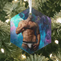 SlipperyJoe s artistic Man underwear bulge gay pri Glass Ornament