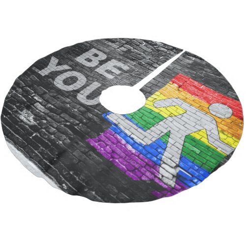 SlipperyJoes Be You brick wall stick figure rainb Brushed Polyester Tree Skirt