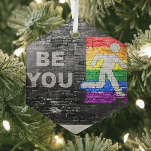 SlipperyJoes Be You brick wall stick figure rainb Glass Ornament