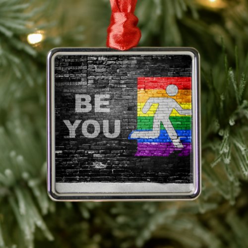 SlipperyJoes Be You brick wall stick figure rainb Metal Ornament