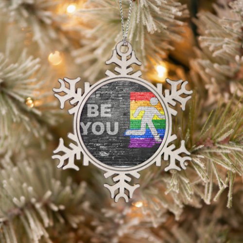 SlipperyJoes Be You brick wall stick figure rainb Snowflake Pewter Christmas Ornament