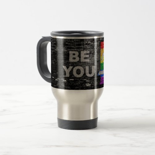 SlipperyJoes Be You brick wall stick figure rainb Travel Mug