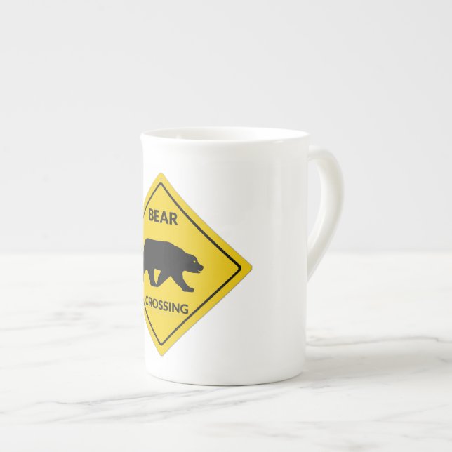 SlipperyJoe's bear crossing sign bear silhouette w Bone China Mug (Front Right)