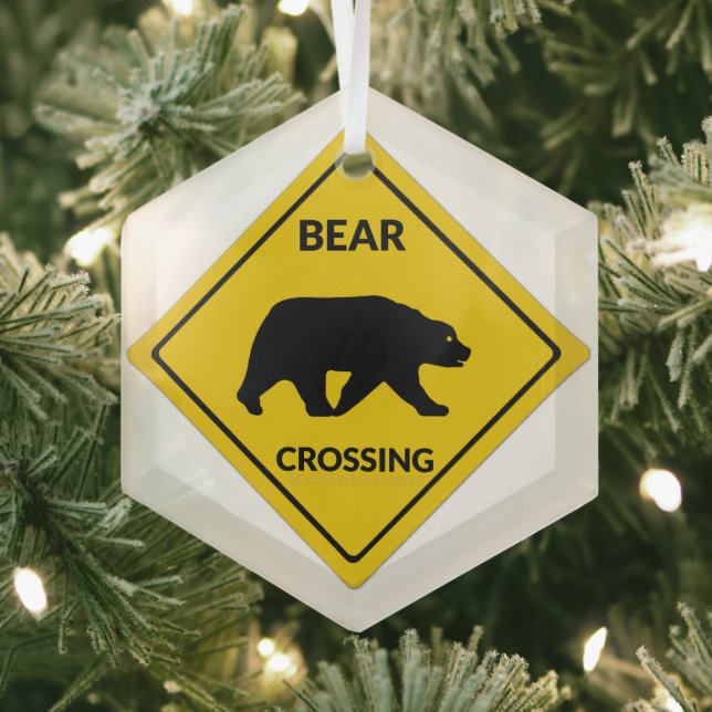 SlipperyJoe's bear crossing sign bear silhouette w Glass Ornament (Insitu)